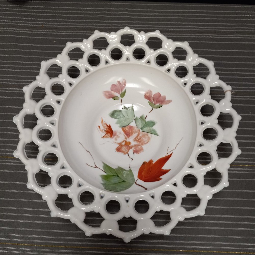HAND PAINTED VINTAGE MILK GLASS PEDISTAL BOWL LG INDIANA?